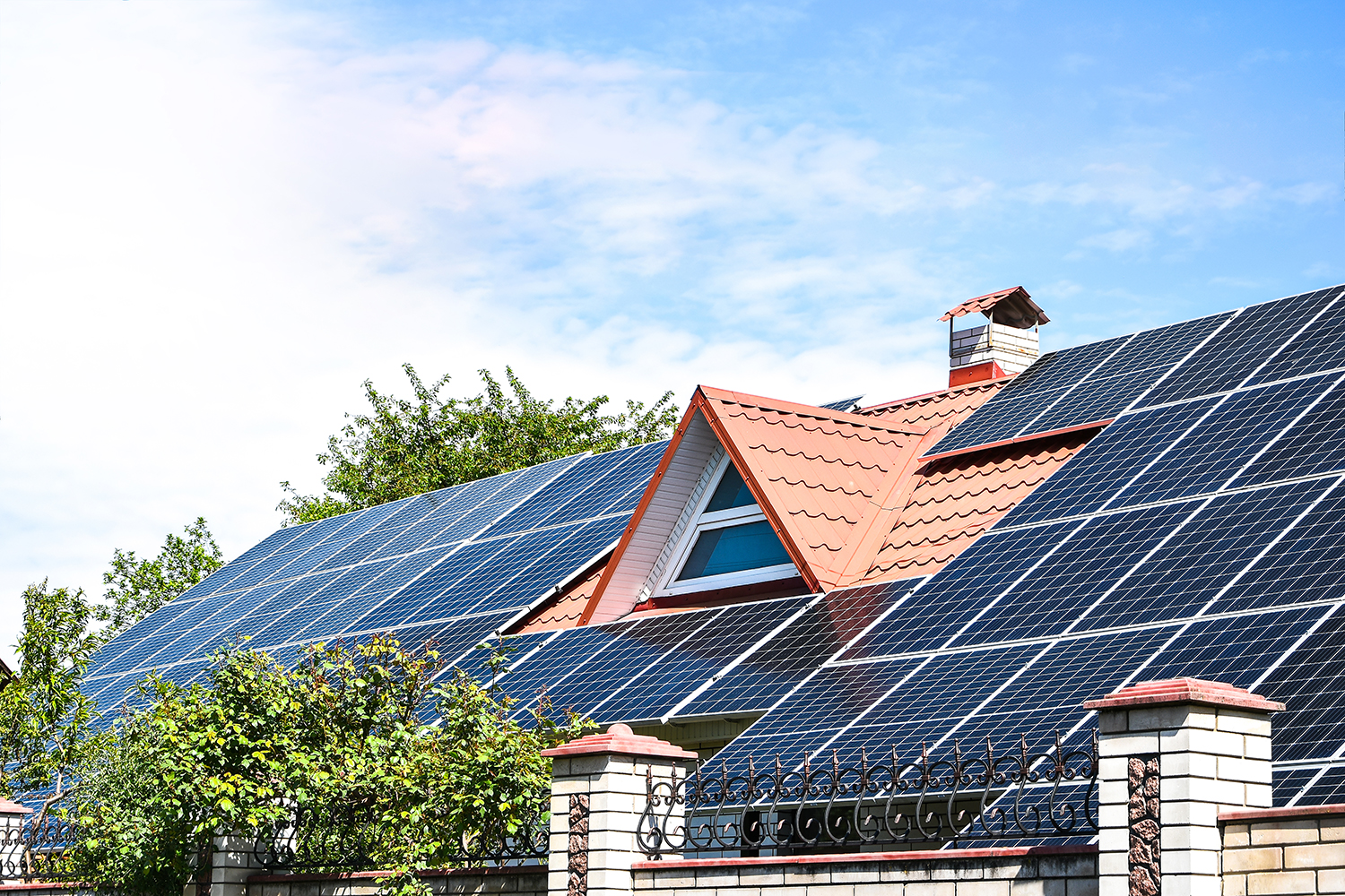 Solar energy products, showing solar panels installed on a home rooftop